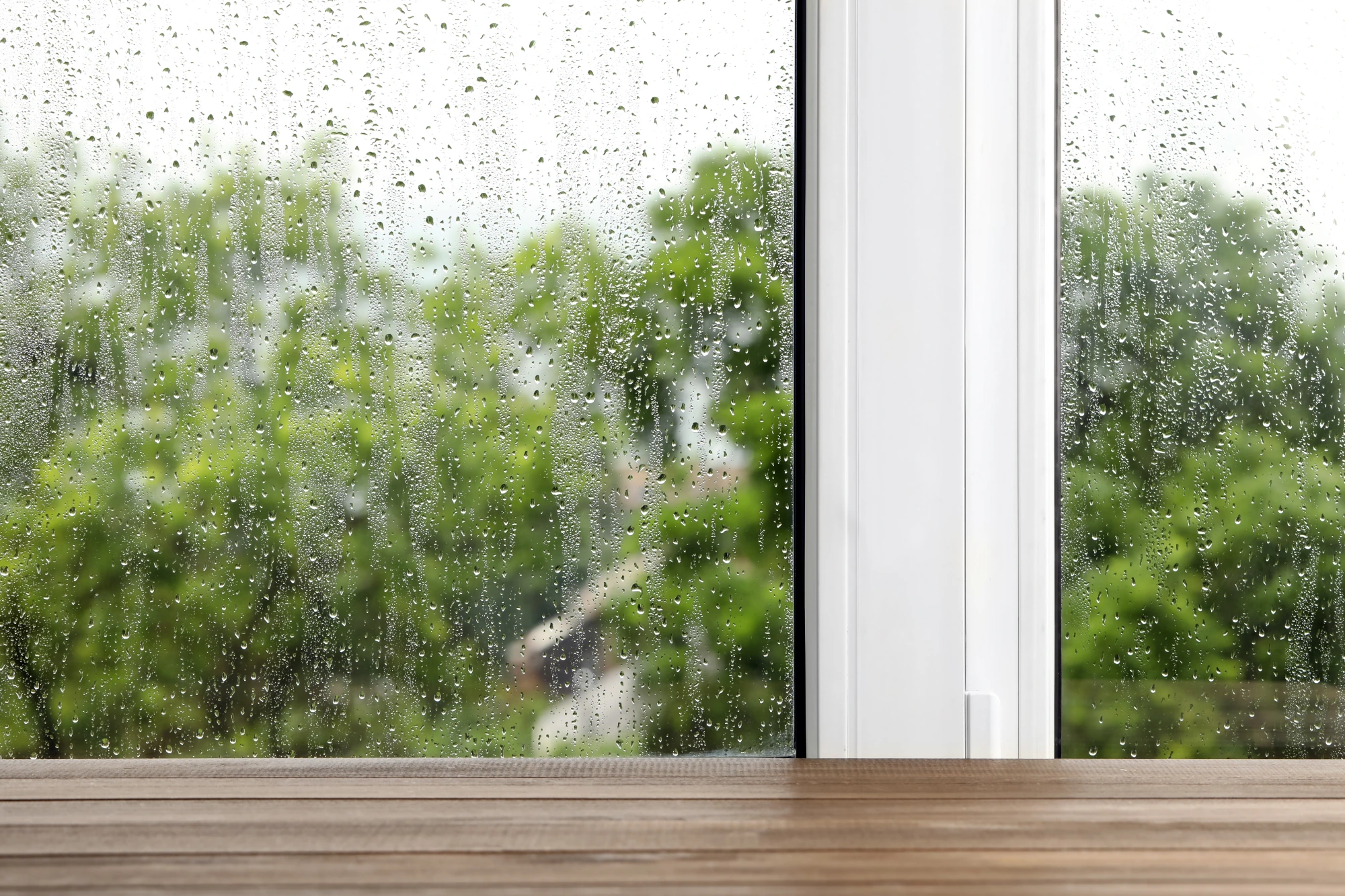 窓越しに見える横殴りの雨